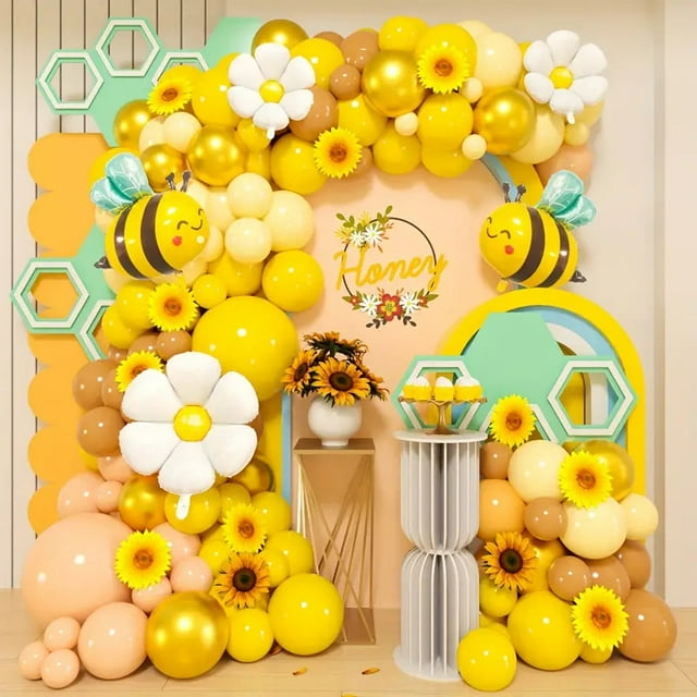 Kit con forma de arco de globos, diseño de margaritas y abejas, 117 unidades, amarillo