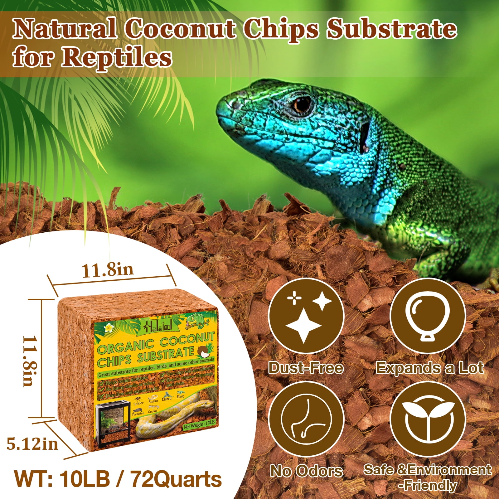 Halatool 10LB Natural Coconut Husk Chips, Premium Reptile Bedding & Terrarium Substrate for Snakes, Lizards, Frogs, and Small Animals