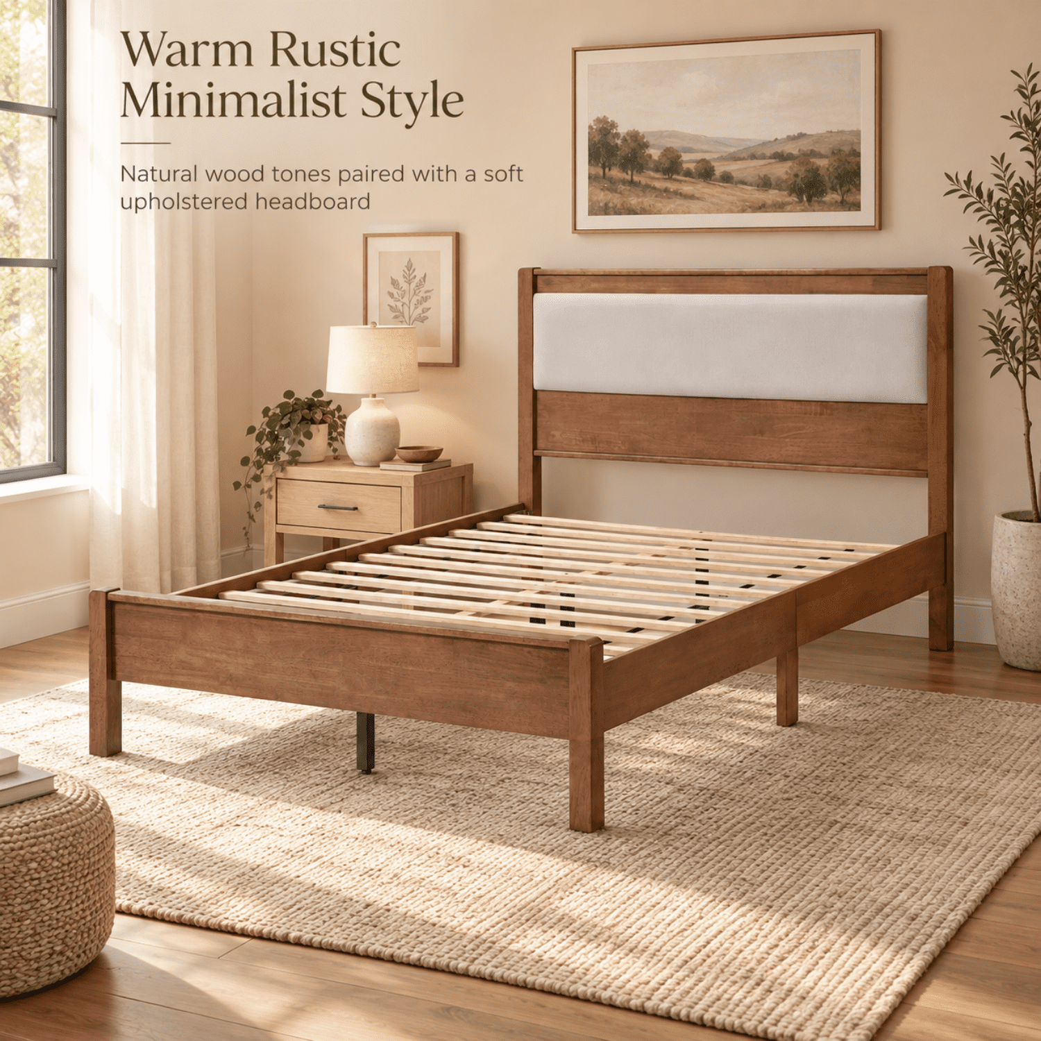 Miniyam Full Rubberwood Platform Bed Frame with Padded Upholstered Headboard, Brown
