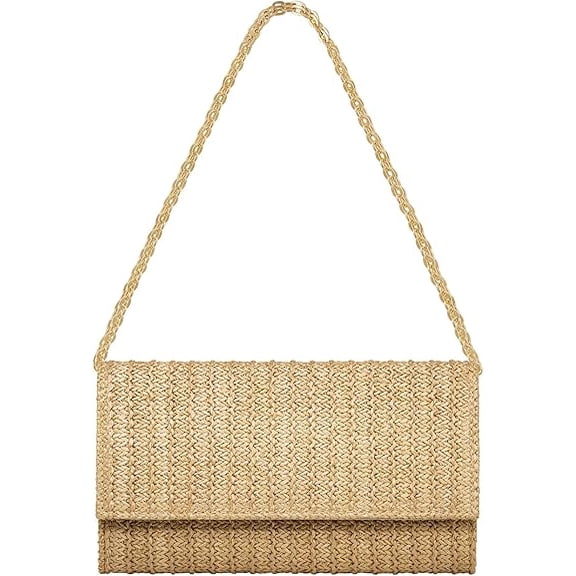 Women's Straw Crossbody Clutch Bag - Summer Beach Woven Shoulder Purse with Adjustable Chain Strap, Boho Envelope Handbag for Vacation & Wedding, Natural Beige