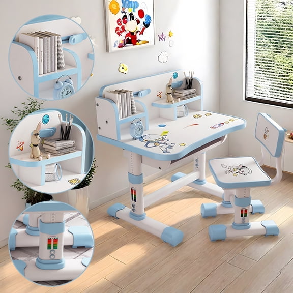 Yifeus Kids Study Desk and Chair Set, Children School Study Drawing Desk Chair Height Adjustable Kids Table Desk and Chair Set with Storage Drawer, Blue