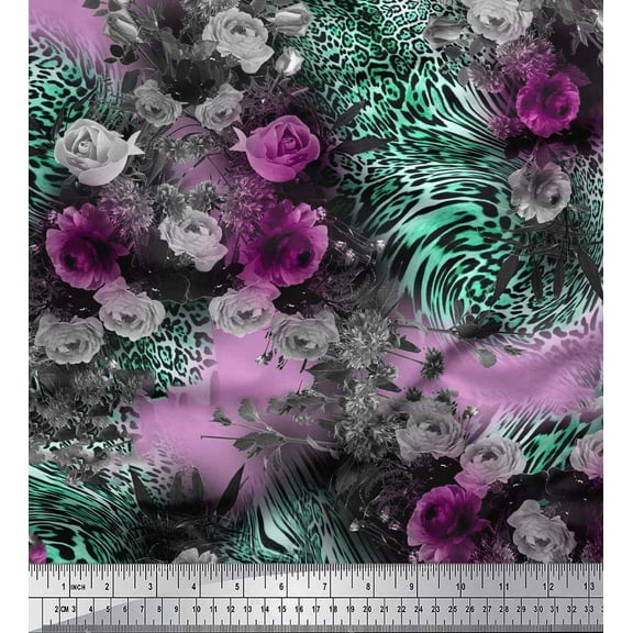 Soimoi Cotton Duck Fabric Leopard Skin,Dahlia & Rose Flower Printed Fabric 1 Yard 42 Inch Wide