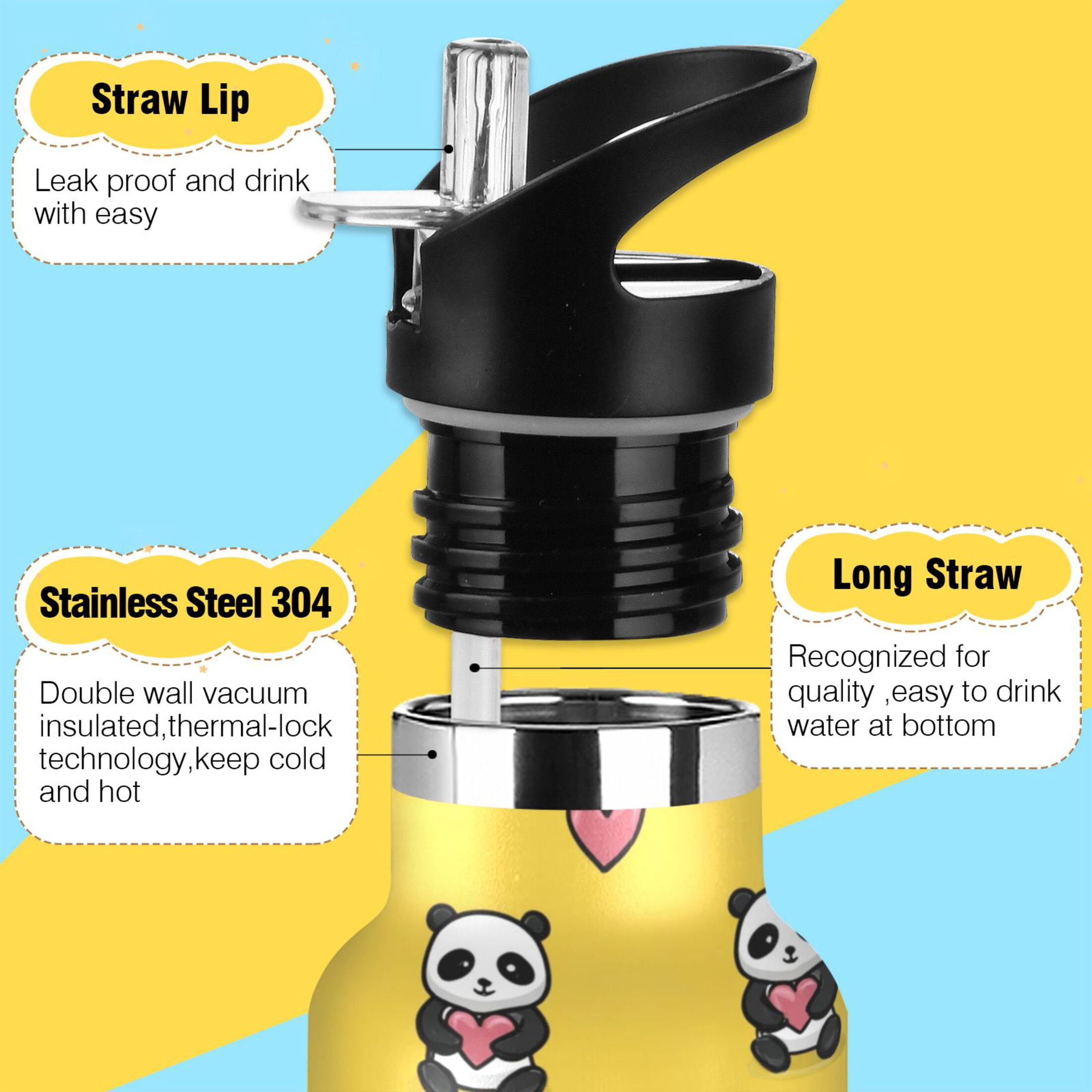 Kids Insulated Stainless Steel Sports Water Bottle 600ml Panda Cartoon with Heart Pattern