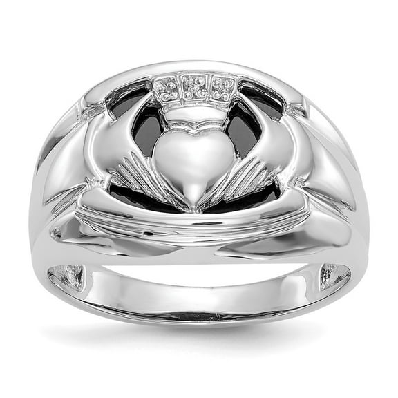 14K White Gold Ring Band 15 mm .01ct. Diamond & Onyx Men's Claddagh Mounting