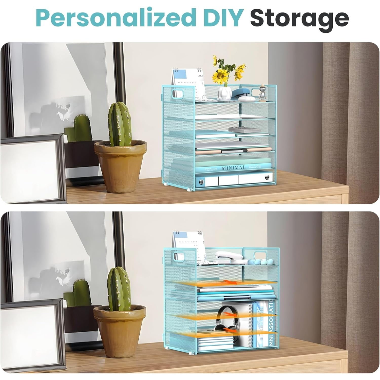 INTIGE 6 Tier Paper Organizer for Desk, Paper Letter Tray Organizer, Metal Mesh Desk File Organizers with Handle for Office/Home