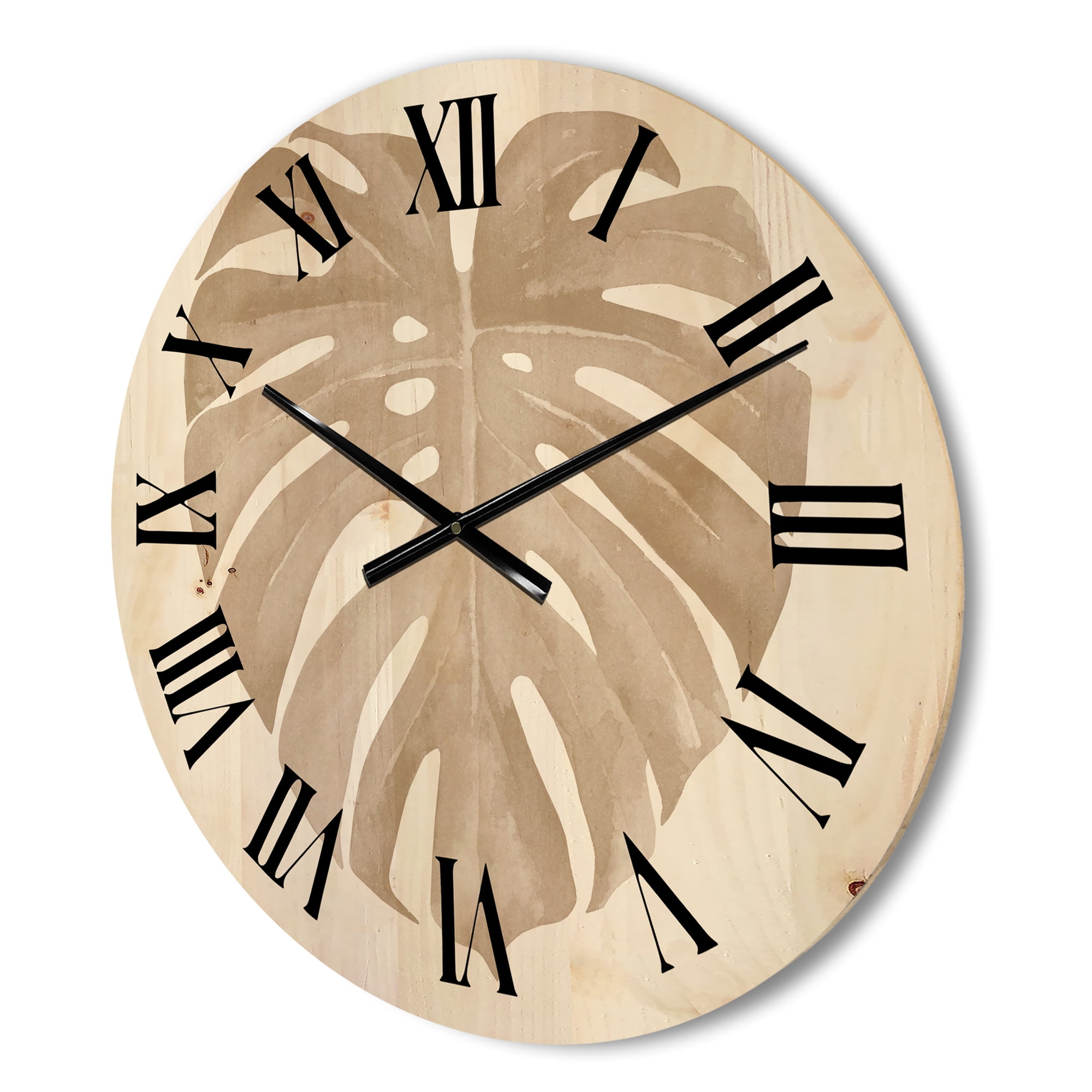 Designart 'Beige Ivory Pastel Monstera Heart Shaped Tropical Leaf' Traditional Wood Wall Clock