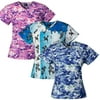 Medgear 3-PACK Womens Printed Medical Scrub Tops with 4 Pockets & ID Loop