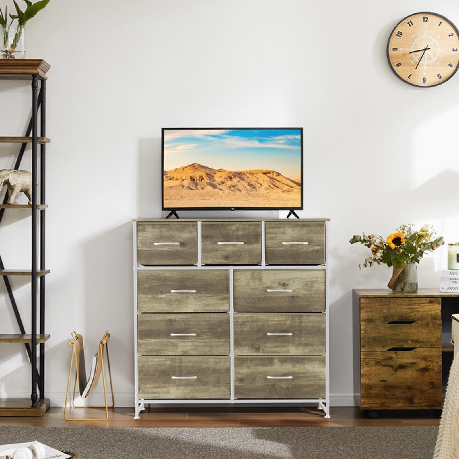 Nextay 9-Drawer Fabric Dresser for Bedroom, Storage Dresser Closet with Steel Frame & Wooden Top for Living Room, Dressing Room, Entryway, Greige Oak