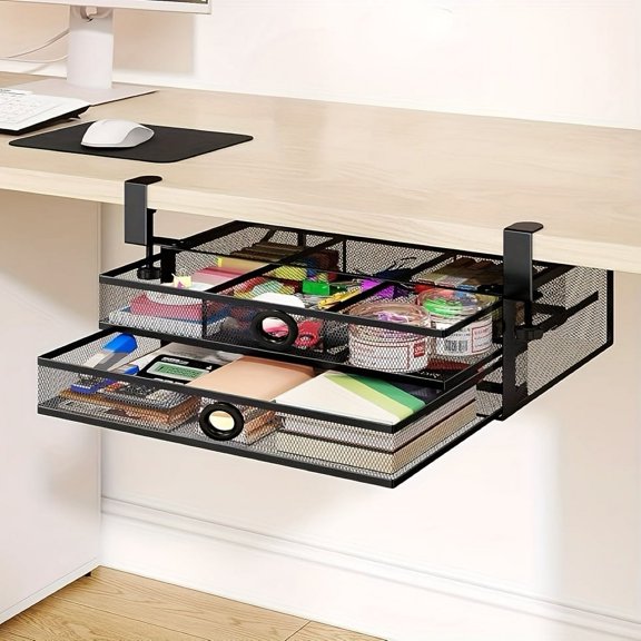 2-Drawer Under Desk Organizer Clamp-On - Mesh Metal Slide Out Drawer Attachment, On/Under Desk Storage for Office Supplies & Home Essentials (Organization/Transport)
