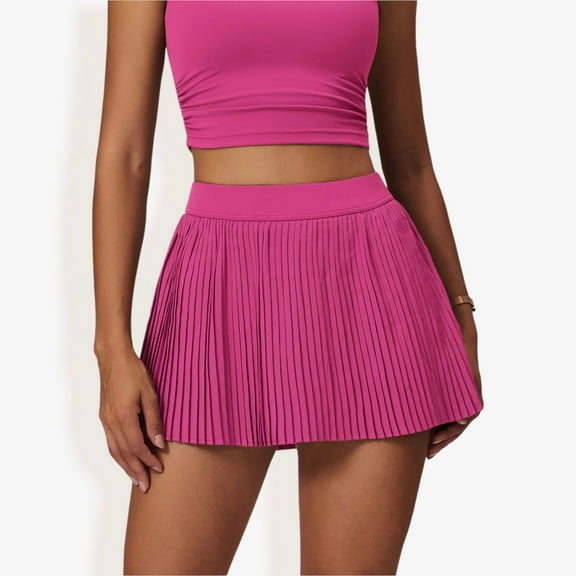 Women's High Waist Pleated Athletic Skort with Built-in Shorts- Small, Fuchsia