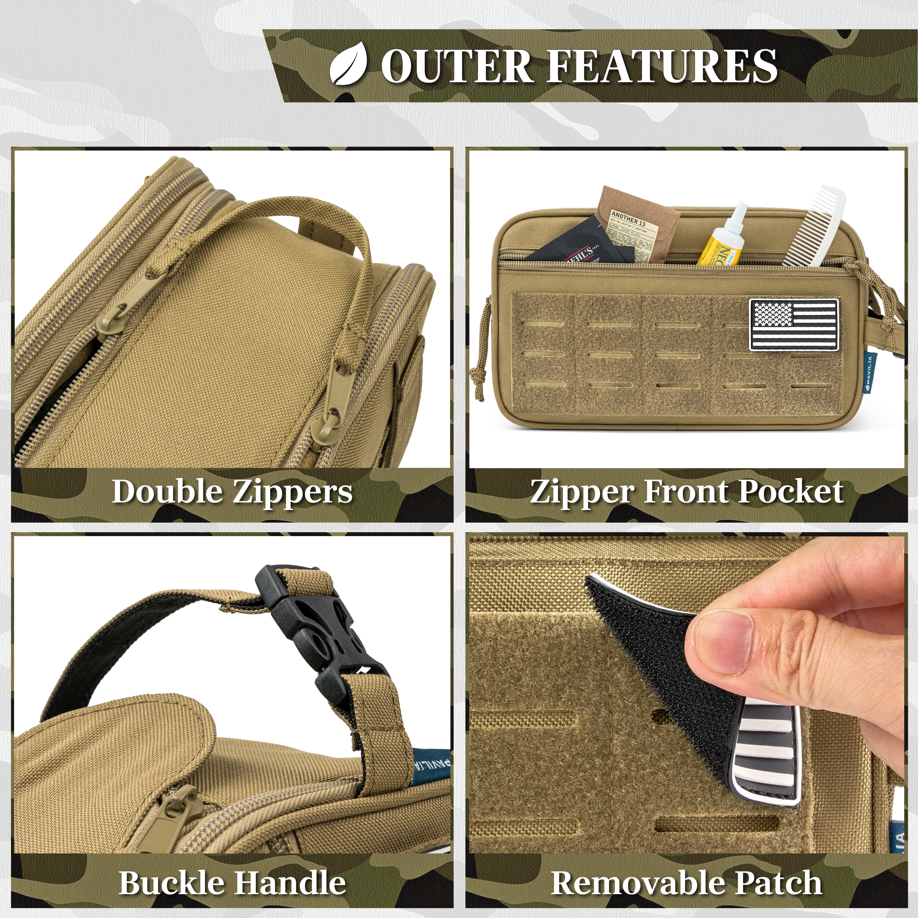 Pavilia Extra Large Tactical Toiletry Bag for Men, Hygiene Travel Bag, Military Dopp Kit, Water Resistant Molle Pouch, Mens Shaving Grooming Essentials,wer Small Organizer Case, Tan Brown