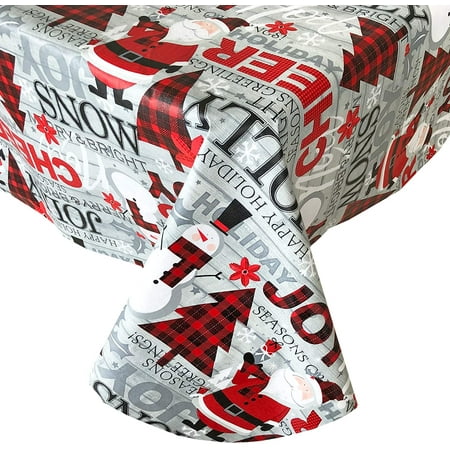 

Newbridge Country Plaid Santa and Snowman Christmas Vinyl Flannel Backed Tablecloth Red Plaid Jolly Santa Easy Care Vinyl Tablecloth 60” x 120” Oblong/Rectangle