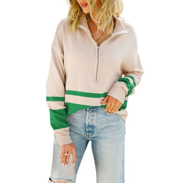 VISgogo Mujer Otoño Invierno Jersey de Punto Manga Larga Solapa Cremallera Patchwork Sudadera VISgogo moda