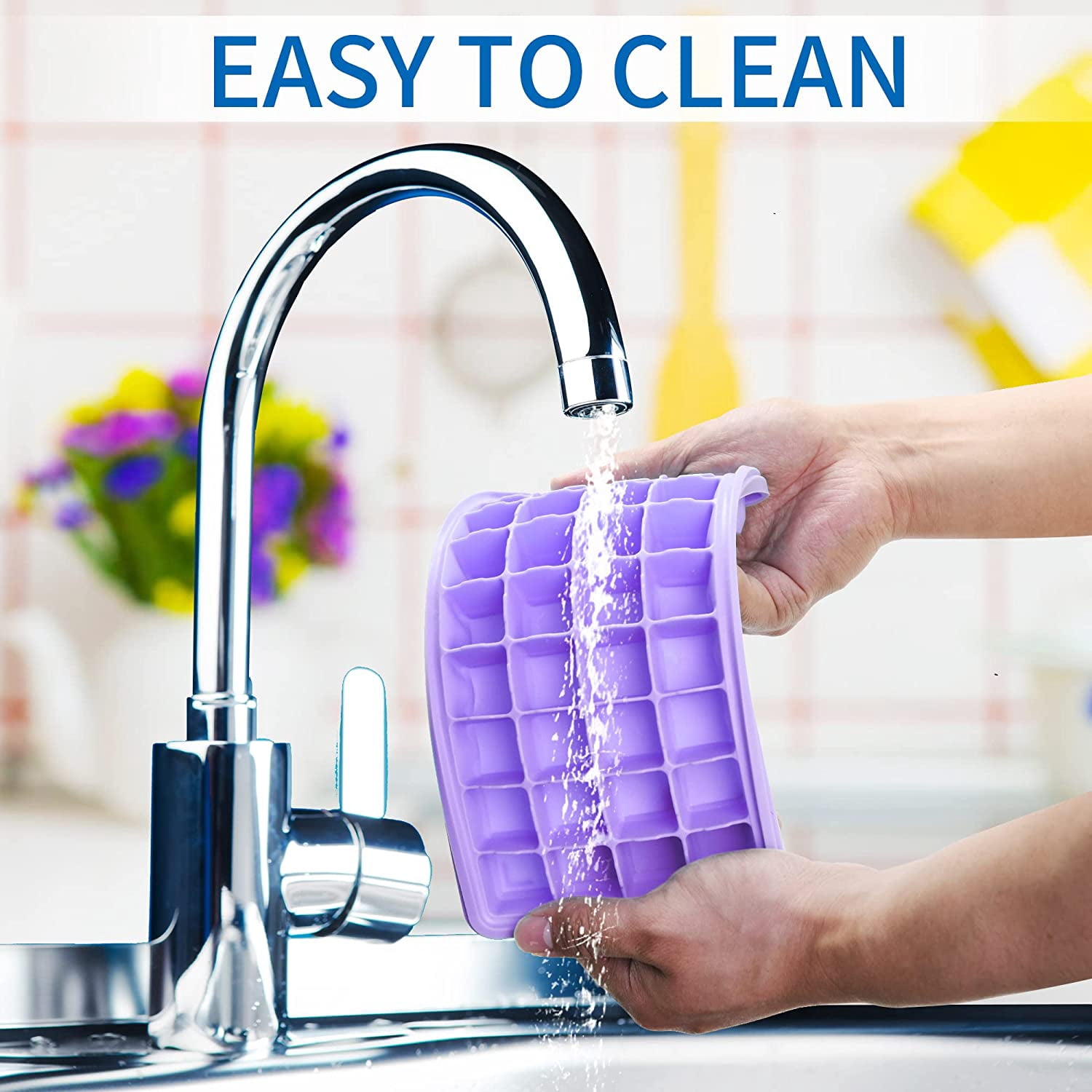 Silicone Ice Cube Tray with Leak-Proof Lid & Storage Bin for Freezer – BPA-Free 36-Piece Nugget Ice Molds, Spill-Resistant Cover & Ice Scoop Container Cover Violet
