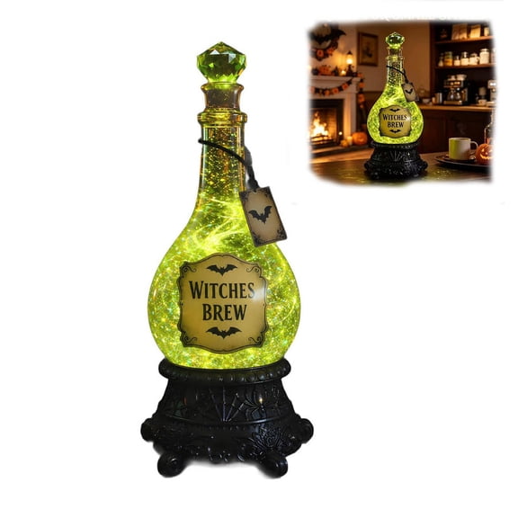 Halloween Glitter Globe Lamp, Lighted Witches’ Brew Poison Bottle Glitter Globe, Magical Lamp with Green Glow & Swirling Sparkle, Halloween Decorations for Table, Office or Party Display