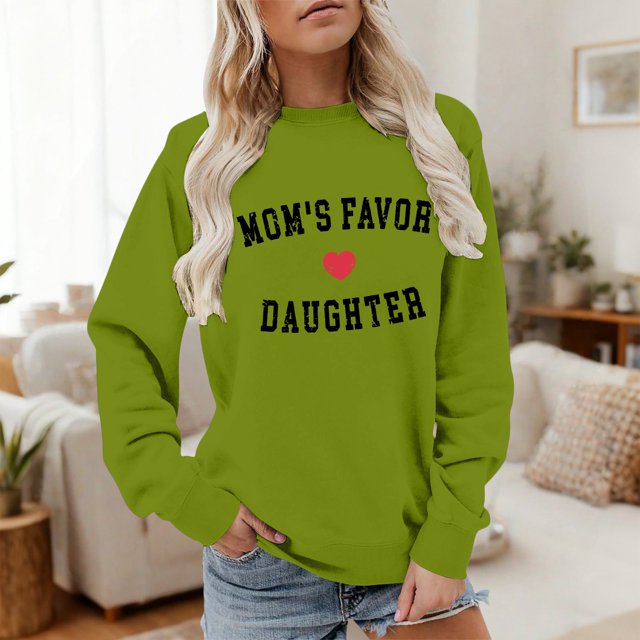 Chandail à Imprimé « Mom's Favor Daughter », Haut Décontracté de Mode pour Femmes à Col Rond et Manches Longues, Coupe Ample, Chandail à Enfiler avec Motif Attendrissant pour Tenues Assorties Mère-Fille Vert TTG
