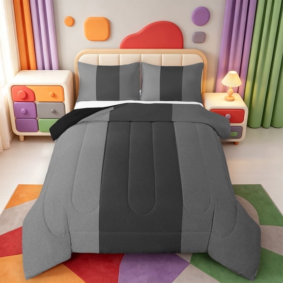 Erosebridal Minimalist Striped Full Size Comforter Sets,Line Geometric Print Bedding Comforter Set,Black Reversible,3 Pieces,1 Comforter and 2 Pillowcases