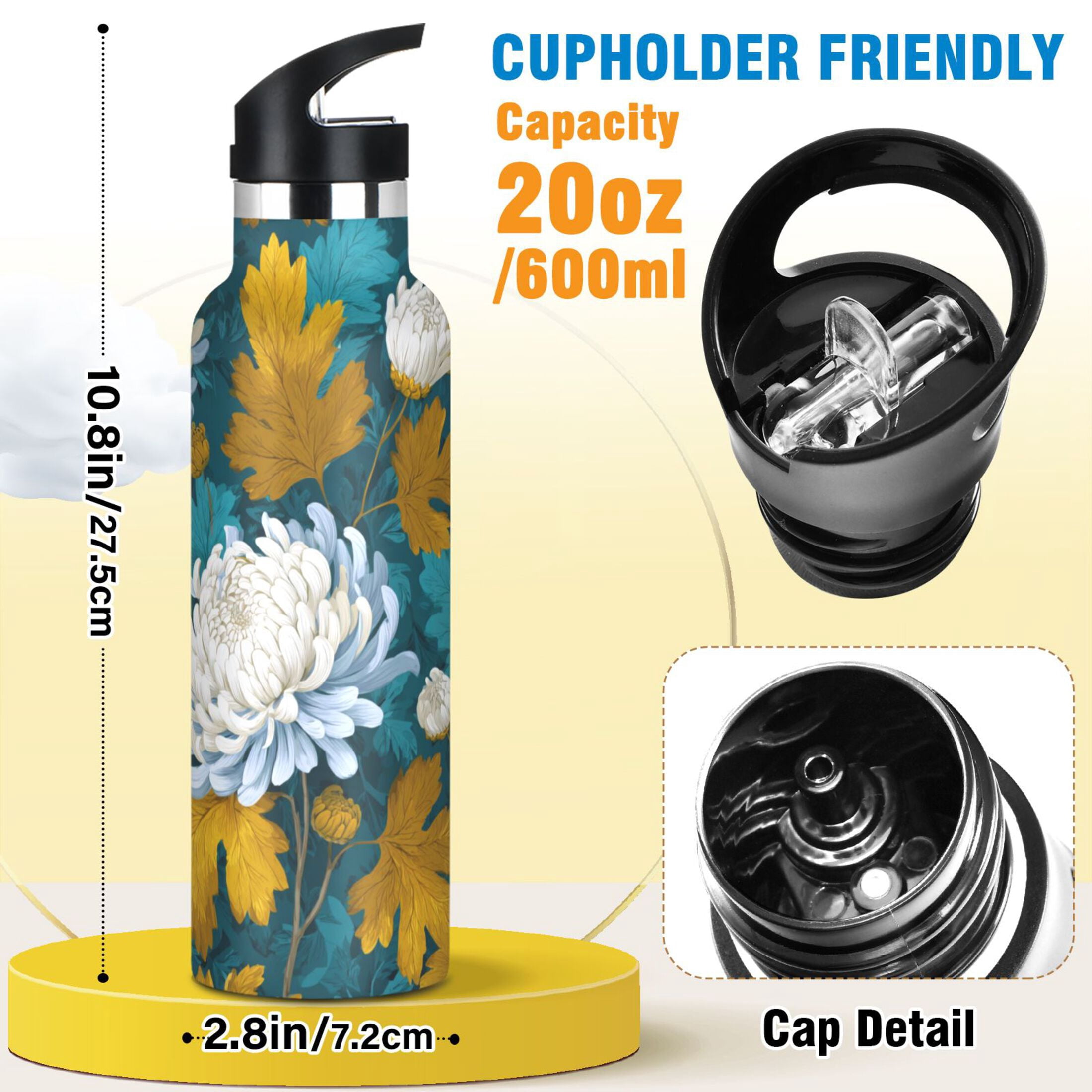 Kids Insulated Stainless Steel Sports Water Bottle 600ml (20oz) White Chrysanthemums