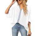 thumbnail image 3 of Women's V Neck Chiffon Blouses Batwing Short Sleeve Boho Embroidered Summer Casual Oversized Tops Shirts, 3 of 8
