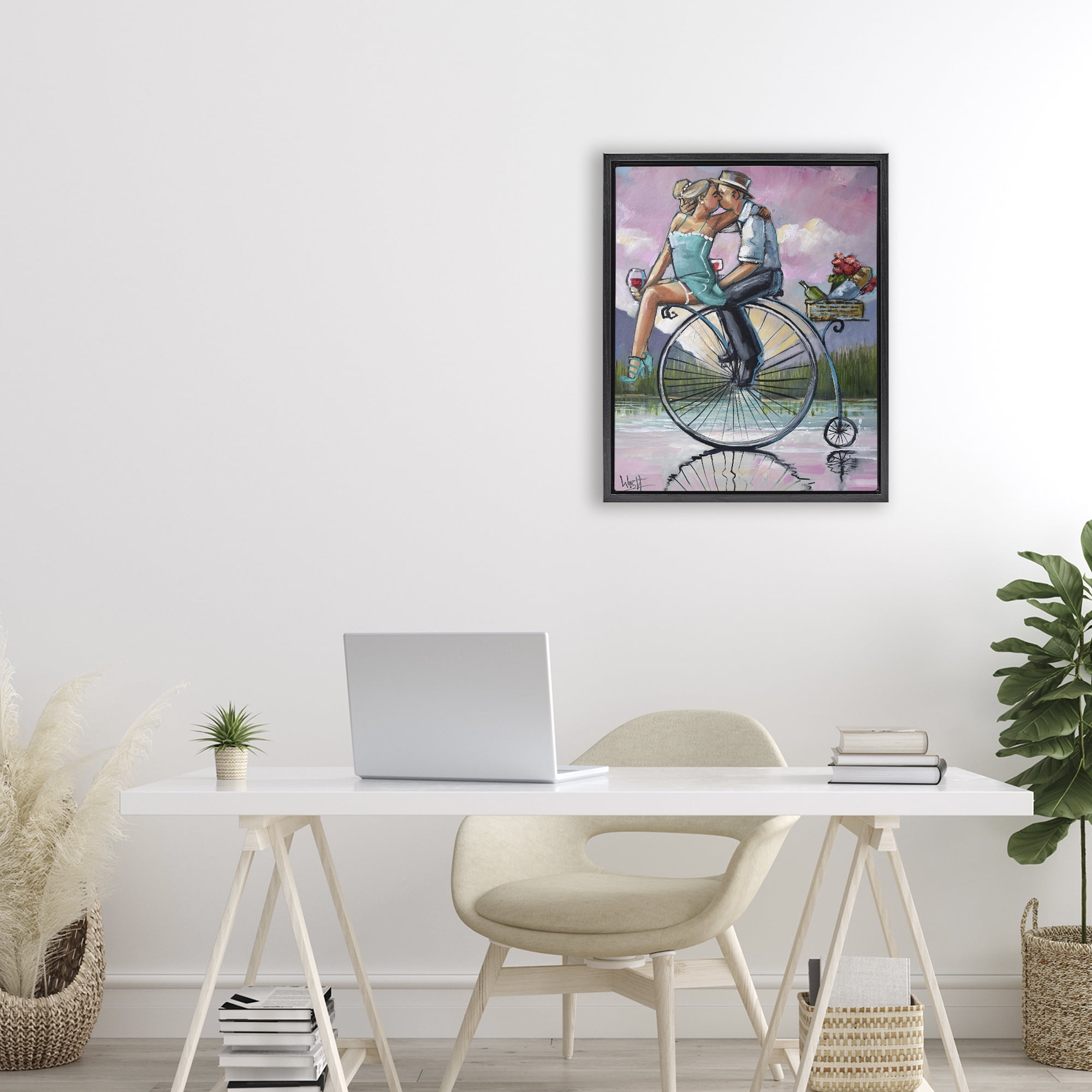Stupell Industries Romantic Picnic on Bicycle Black Framed Floater Canvas Wall Art, design by Ronald West