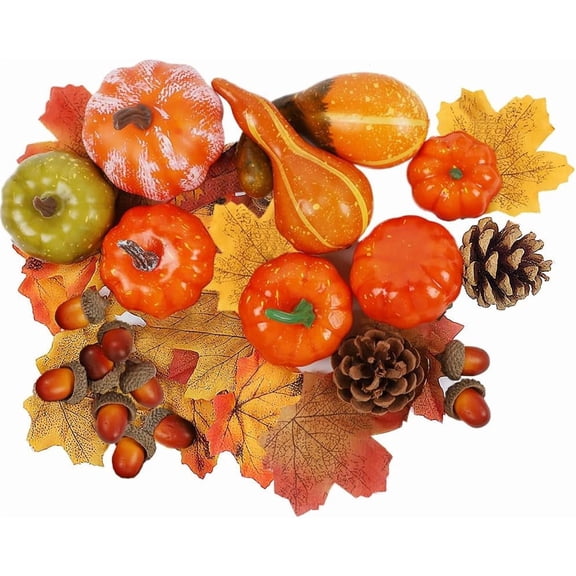 50 pcs Halloween Pumpkin Ornaments, Mini Artificial Pumpkins and Gourds & Leaves Set, Assorted Fall Harvest Bowl Filler, Wreath Table Centerpiece Home Thanksgiving Halloween Decor