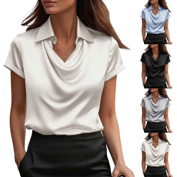 Women's Summer Tops BWASD Casual Silk Satin Short Sleeves Shirts Elegant Business Blouses Dressy for Go Out Workout Outfits Trendy 2026 White S-5XL