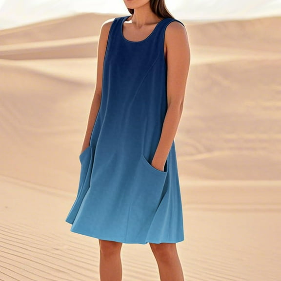 OSFVNOXV Sleeveless Dress for Women Summer Casual Stretch Fit Pleated Loose Fit Boho Beach Cover-Ups with Pockets for Vacation