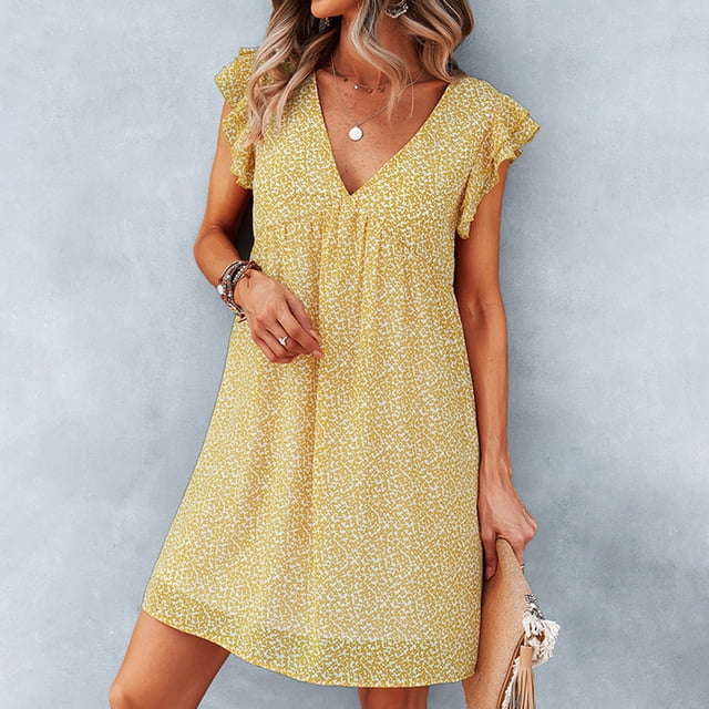 SMihono Summer Boho Dress for Women Plus Size Womens Loose V-neck Chiffon Printed Flying Sleeve Skirt In Spring And Summer