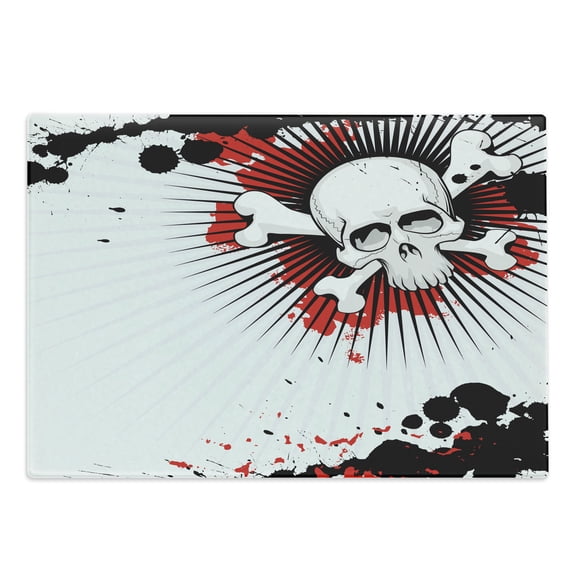 Halloween Cutting Board, Skull with Crossed Bones over Grunge Background Evil Scary Horror Graphic, Decorative Tempered Glass Cutting and Serving Board, Large Size, Pearl Red Black, by Ambesonne