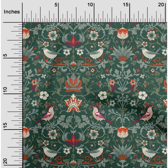 oneOone Cotton Poplin Teal Green Fabric Leaves|Bird & Floral Artistic Sewing Fabric By The Yard Printed Diy Clothing Sewing Supplies 56 Inch Wide