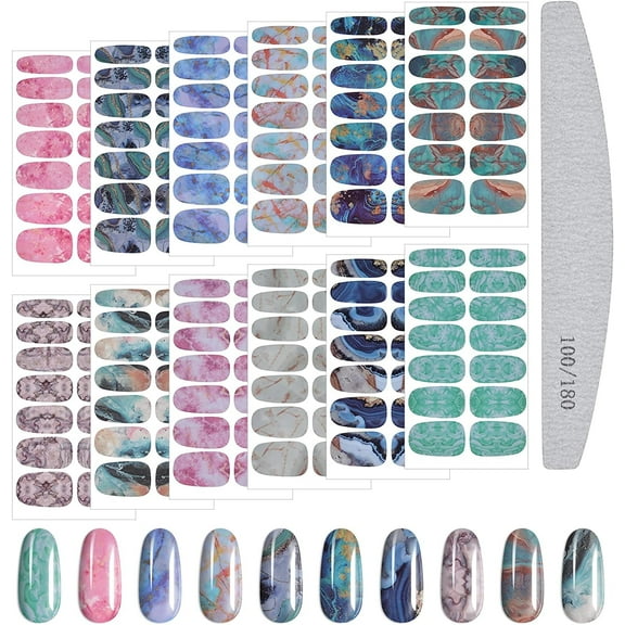 Kalolary 12 Sheets Marble Nail Art Stickers – Self-Adhesive Full Wrap Nail Polish Decals, Marble Design with Nail File for Easy Application, Perfect for DIY Nail Art