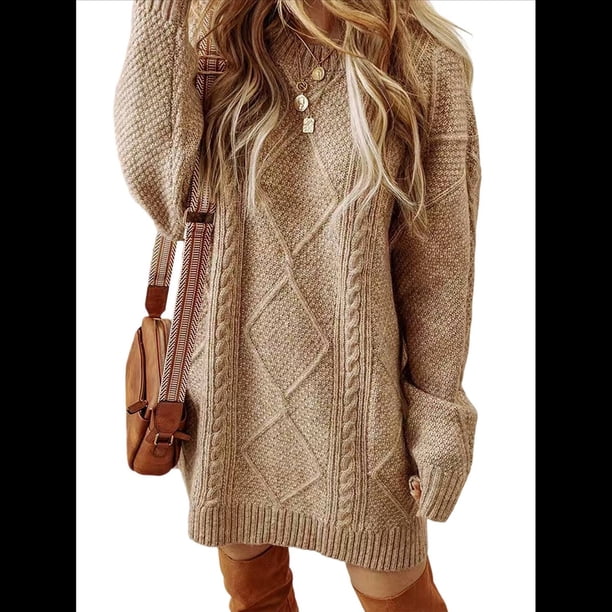 Vestido Minisuéter Holgado de Larga con Cuello Redondo y Punto para Mujer, Estilo Informal, para Otoño e Invierno. Caqui L
