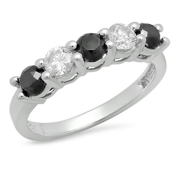 Dazzlingrock Collection 0.75 Carat (ctw) 14K Round Black and White Diamond Ladies 5 Stone Bridal Wedding Band Anniversary Ring 3/4 CT, White Gold, Size 5