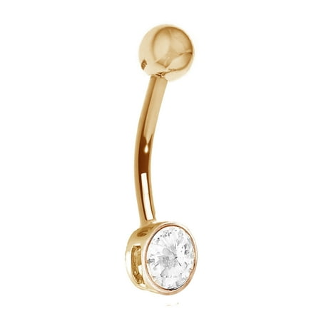 14k Real Gold Yellow Bezel Cubic Zirconia Belly Button Navel Ring 14 gauge