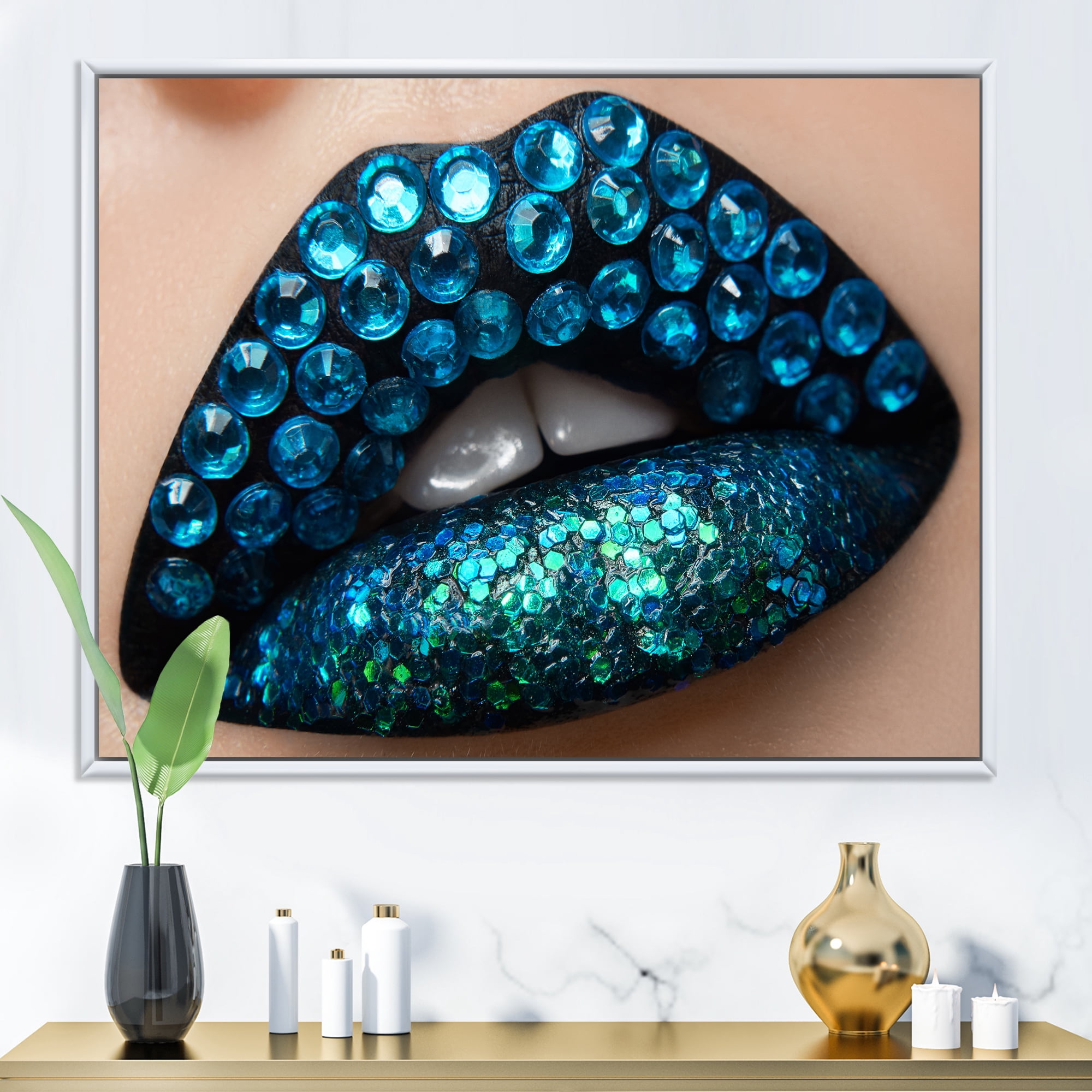 Designart 'Woman Lips With Black Lipstick Blue Diamonds' Modern Framed Canvas Wall Art Print