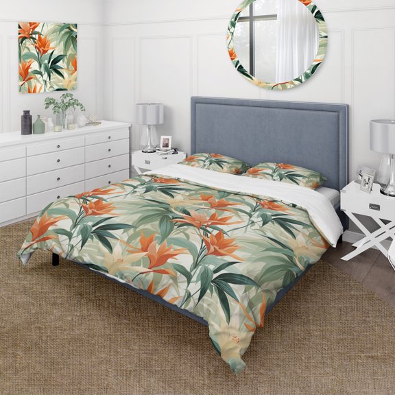 Designart "Mirage Of Green And Orange Bamboo In The Tropics" Tropical Bedding Covert Set - Tropical Bed Set With 2 Shams
