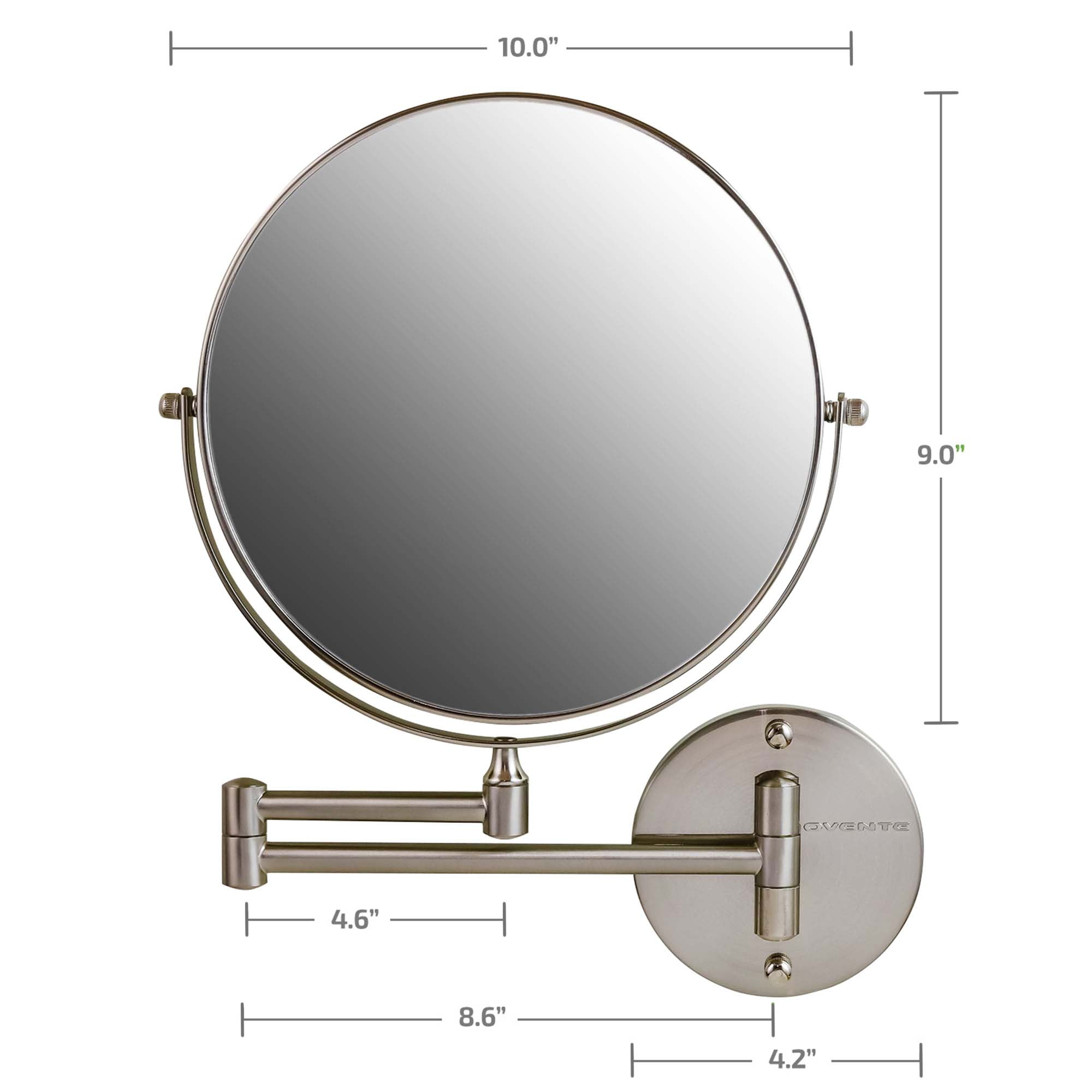 OVENTE 9" Wall Mounted Makeup Mirror with 1X/7X Magnification, Double Sided Magnifying Round Bathroom Vanity Mirror, 360° Swivel Design, Extendable and Folding Arm, Nickel Brushed MNLFW90BR1X7X