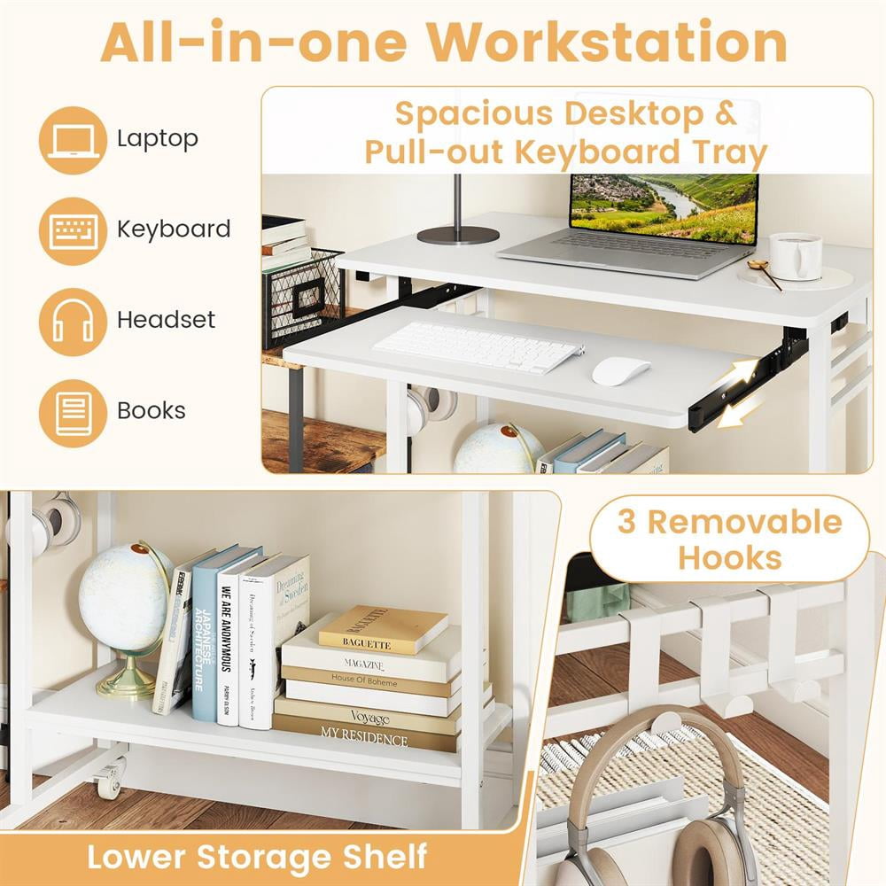 Topcobee Rolling Laptop Table with Pull-out Keyboard Tray and Hooks, Stand up Desk, Bedroom Desk, Modern Furniture for Home-White
