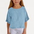 thumbnail image 3 of Faraee 3/4 Sleeve Cotton Linen Cropped Tops for Teen Girls Kids Ruffle Hem Crewneck Solid Blouses Summer Loose Shirt 5t 6t 7t 8t 5-15 Years Blue, 3 of 6
