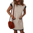 thumbnail image 2 of Women'S Casual Summer Dresses Fashion Cap Sleeve Color Block Crewneck Shift Tshirt Mini Dress Apricot S, 2 of 8