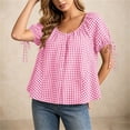 thumbnail image 4 of Edvintorg Button Up Shirt Women Plaid Printed Crew Neck Short Sleeve Loose Casual Blouses Summer Tops for Women Pink XXL, 4 of 8