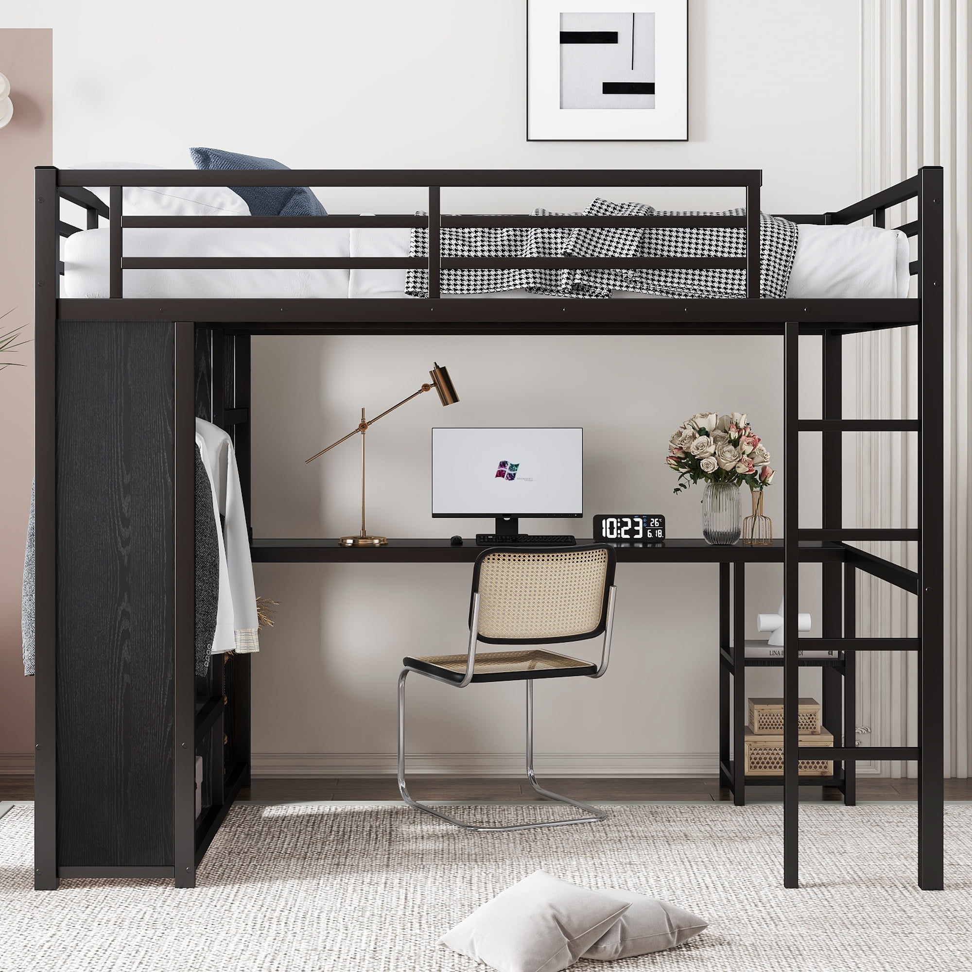 HOQBN Loft Bed Full Size with Built-in Wardrob,Metal Loft Bed Frame with Desk and Storage Shelves,Black