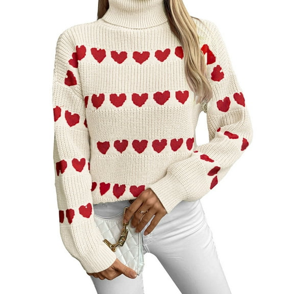 Valentine Sweaters for Women Lady Cute Lovely Heart Sweater Knited Warm Turtleneck Sweaters Shermie
