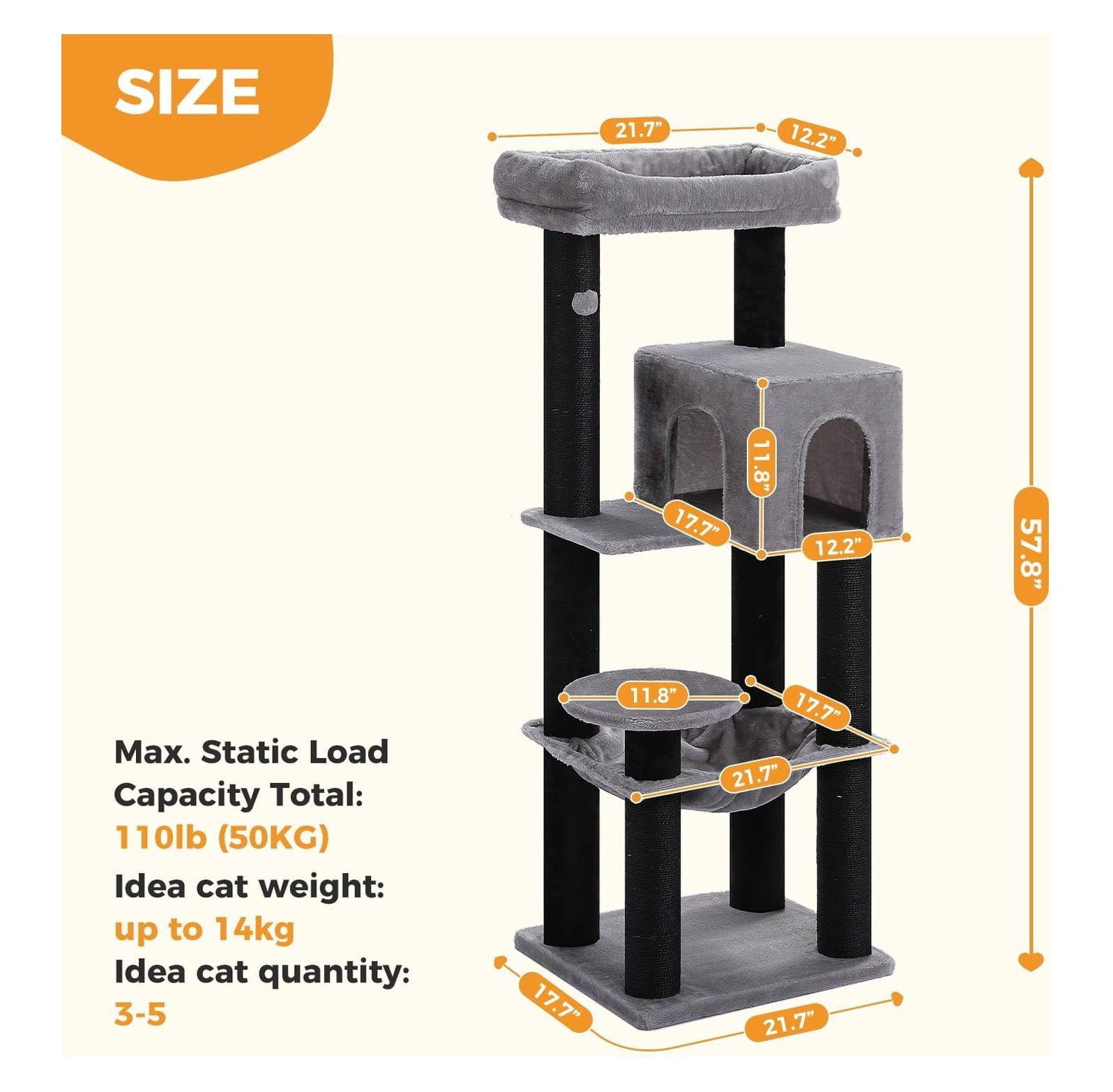 Large Cat Tree for Big Cats 30lbs, 57.8" Heavy Duty Tower, Maine Coon Cat Furniture - Reinforced Scratching Posts, Hammock & Condo, Plush Black