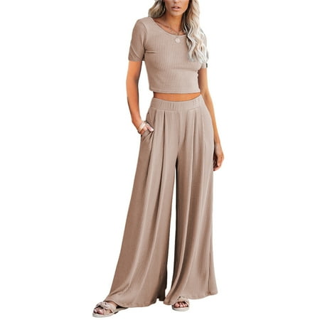 

Women 2 Piece Pajamas Ribbed Crop Top & Wide Leg Pants Homewear