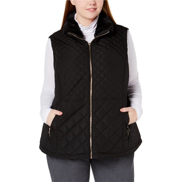 Calvin Klein Chaleco acolchado con ribete de piel sintética para mujer, negro, 1X