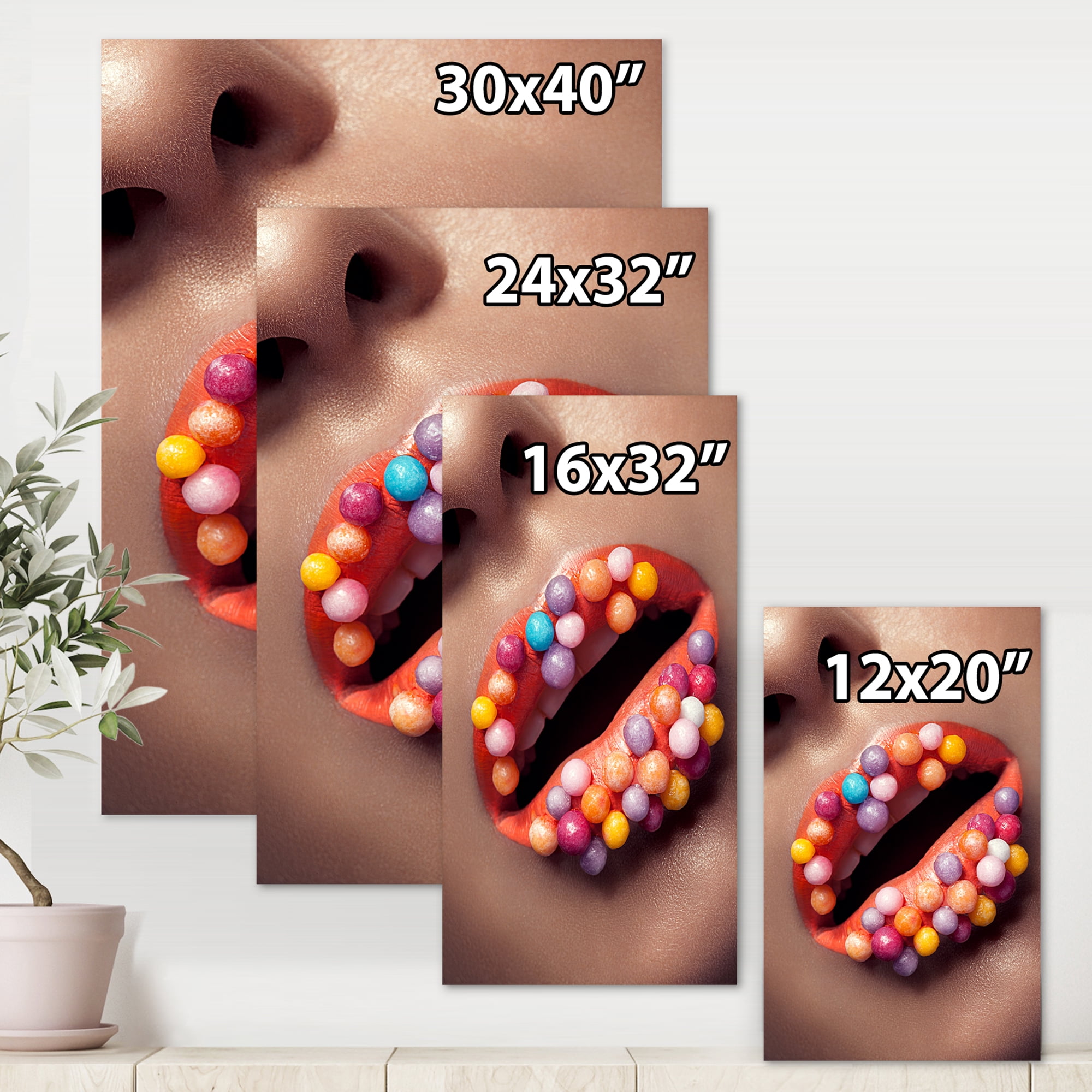 Designart ' Close Up of Creative Make Up On Woman Lips With Lolipops ' Modern Canvas Wall Art Print