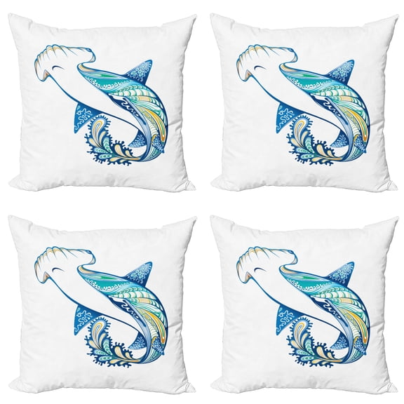 Ambesonne Marine Throw Pillow Cover 4 Pack, Hammer Head Shark Ocean, 24", Blue Aqua White