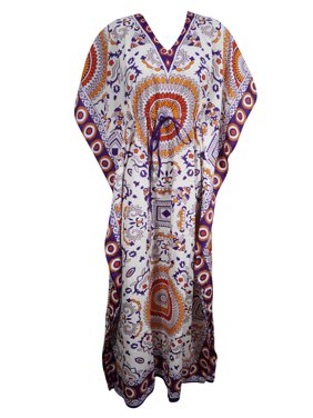 Mogul Women off-White Kaftan Dress Floral Print V-Neck Long Maxi Kimono Caftan Gown Nightdress, Boho Beach Bikini Cover Up Maternity Plus Size