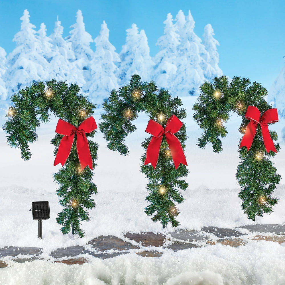 Solar Evergreen Candy Cane Stakes - Set of 3 - Outdoor Holiday Decoration for Pathway, Yard, or